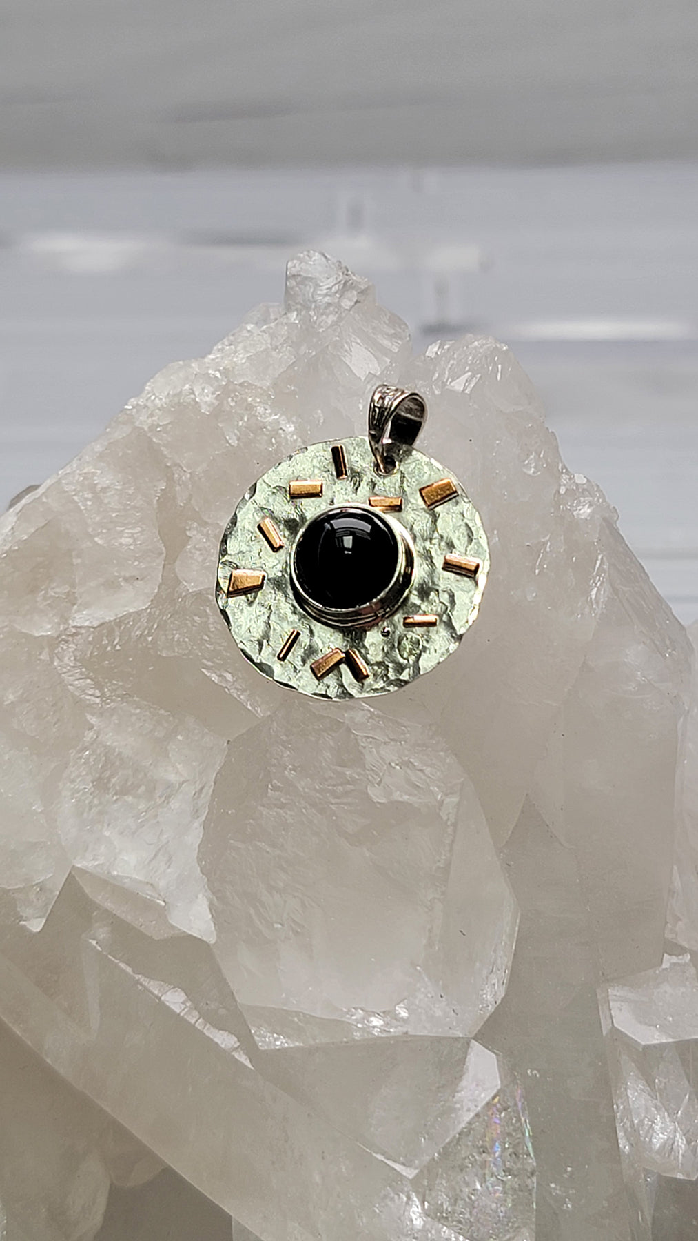 Black Agate Gemstone Sterling Silver and Copper Pendant