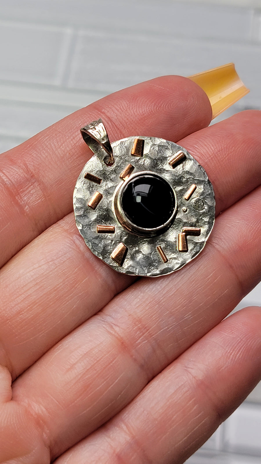 Black Agate Gemstone Sterling Silver and Copper Pendant