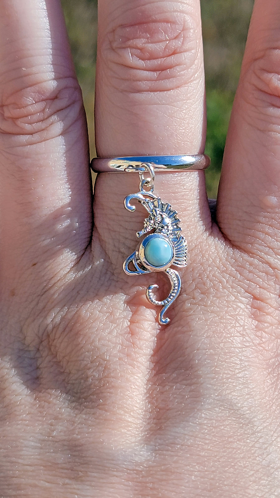 Sterling Silver Seahorse Larimar Charm Handmade Ring