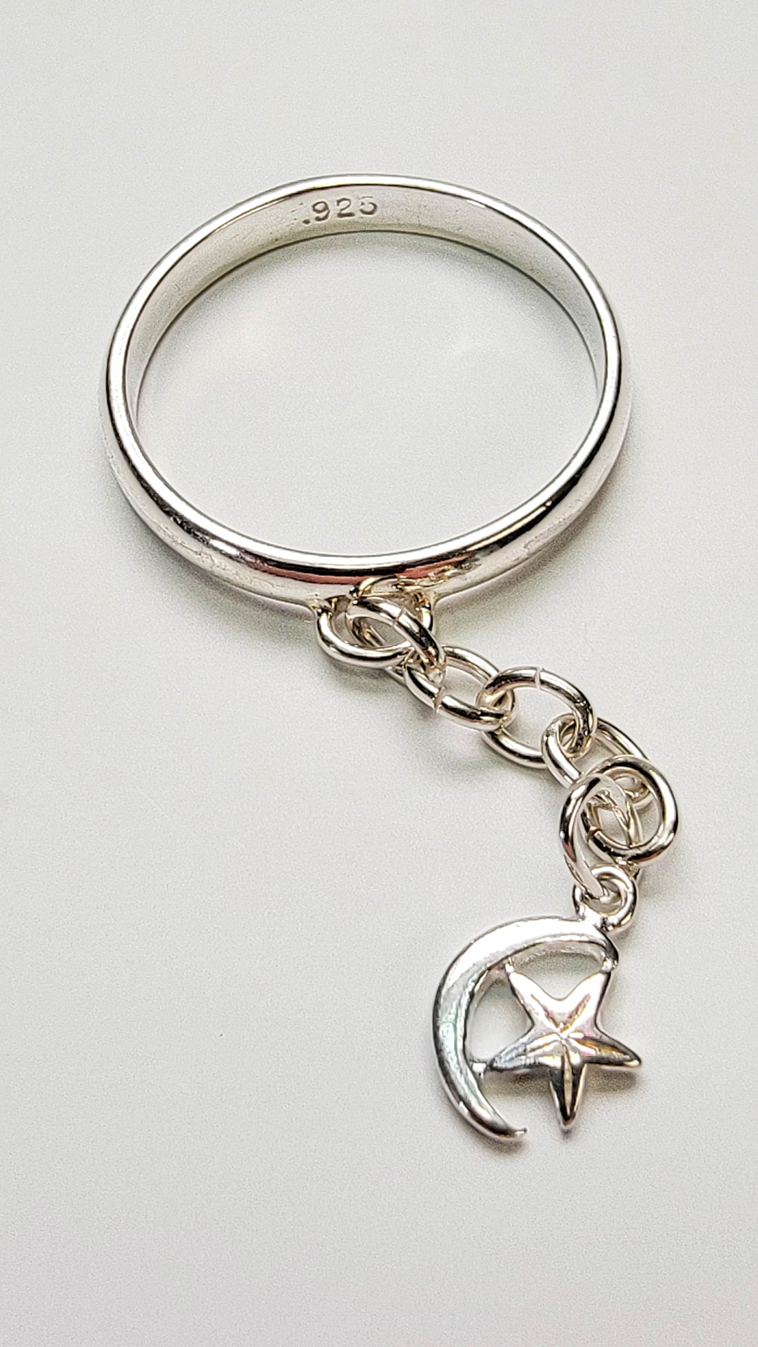Sterling Silver Crescent Moon & Star Charm Handmade Ring