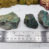 ruler comparing size of three rough chrysoprase stones