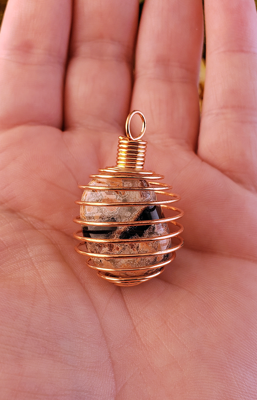 Copper-Colored Metal Spiral Cage Ornament Pendant - Perfect for Holding Gemstones or Orbs! - With Brecciated Jasper on Display!