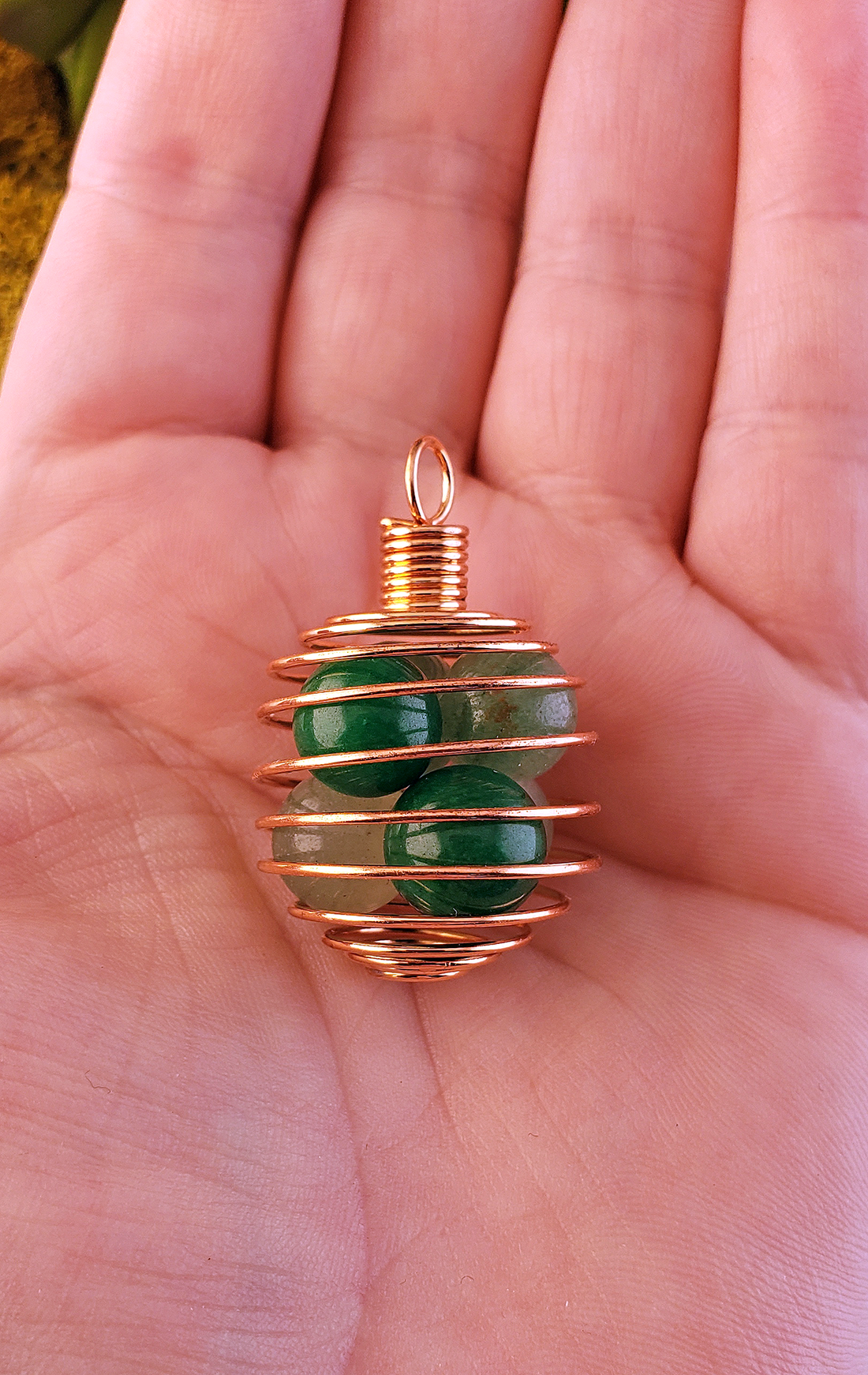 Copper-Colored Metal Spiral Cage Ornament Pendant - Perfect for Holding Gemstones or Orbs! - With 10mm Green Aventurine Orbs on Display