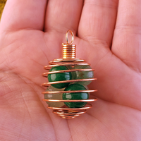 Copper-Colored Metal Spiral Cage Ornament Pendant - Perfect for Holding Gemstones or Orbs! - With 10mm Green Aventurine Orbs on Display