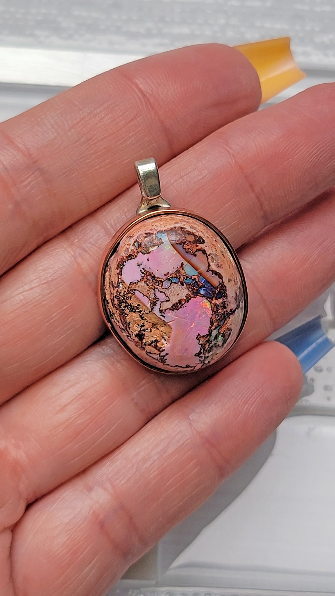 Natural Cantera Mexican Pink Purple Opal Sterling Silver &amp; Copper Pendant - AAA Grade Opal
