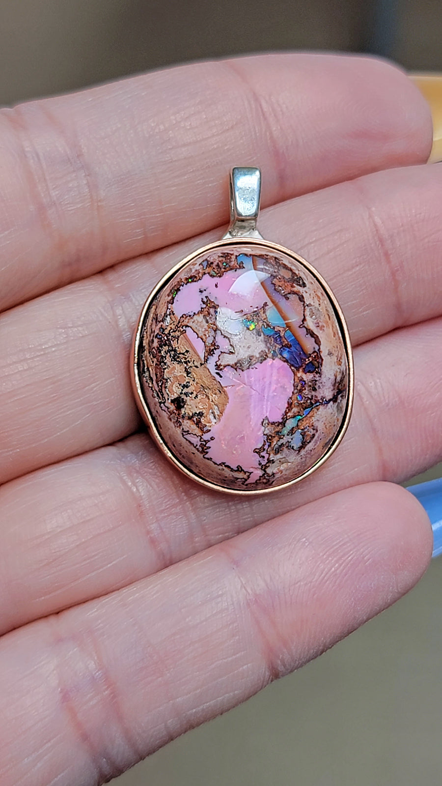Natural Cantera Mexican Pink Purple Opal Sterling Silver & Copper Pendant - AAA Grade Opal