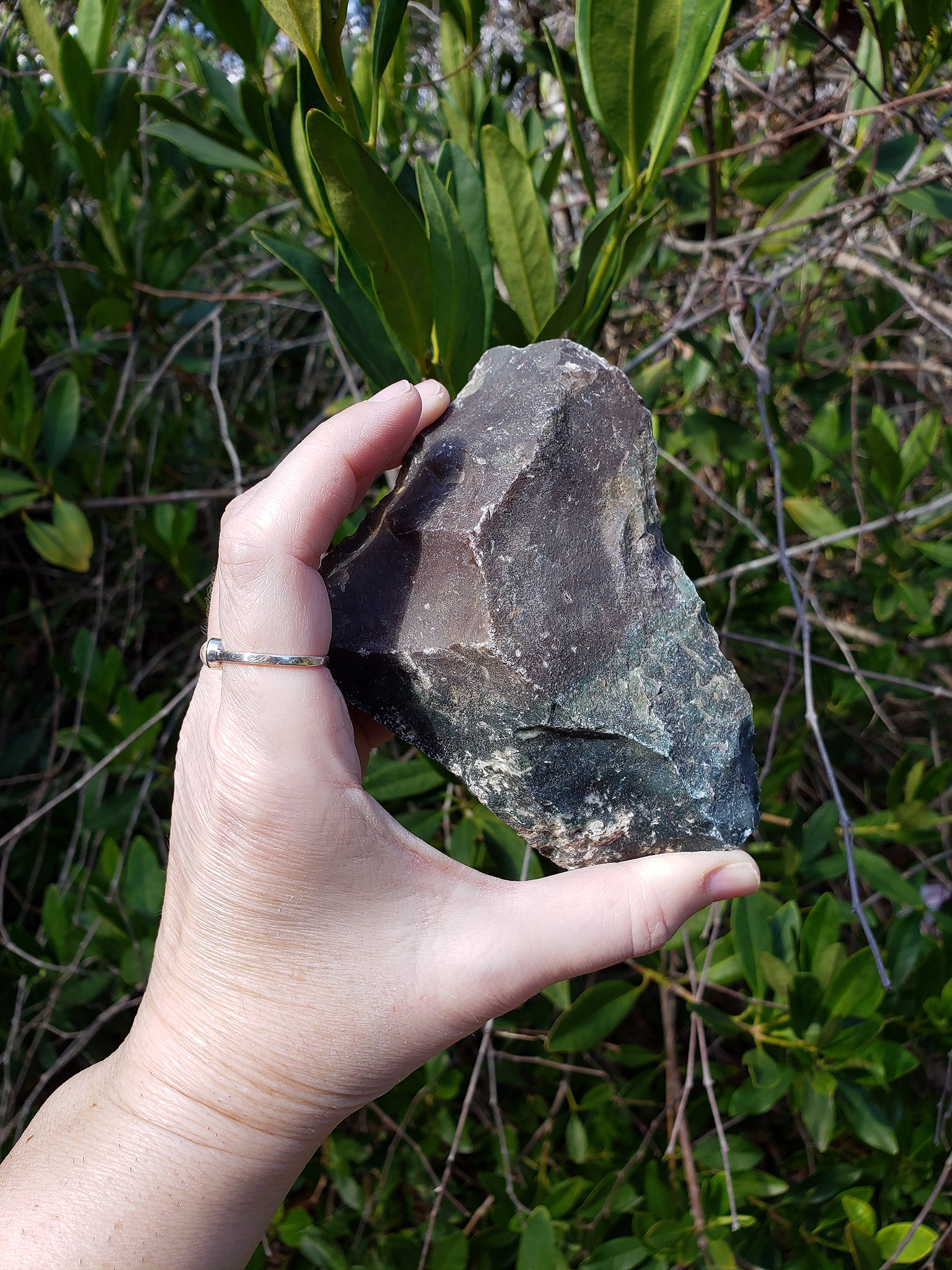 hand holding large rough fancy jasper stone in sunlight