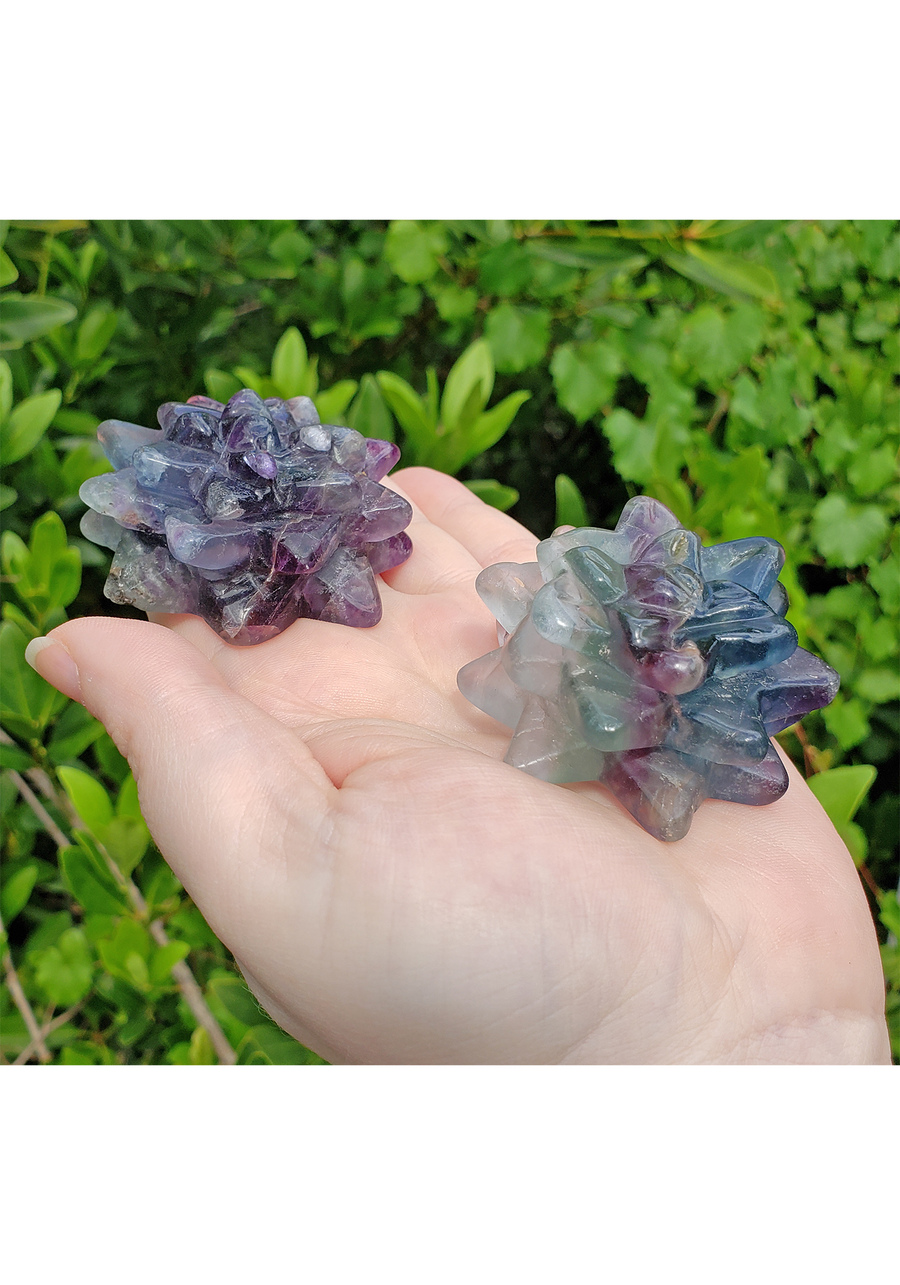 Fluorite Gemstone Lotus Flower Succulent Carving - Blue, Green, and Purple Fluorite
