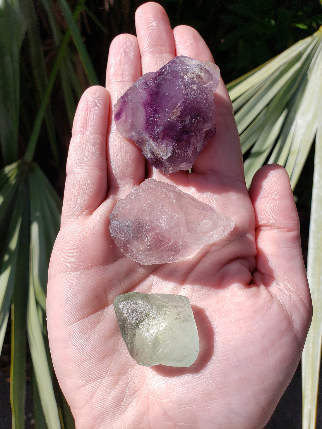 hand showing rough fluorite crystal stones in sunlight