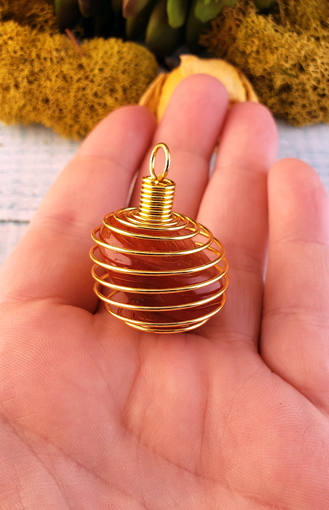 Gold-Colored Metal Spiral Cage Ornament Pendant - Perfect for Holding Gemstones or Orbs! - Carnelian in Pendant