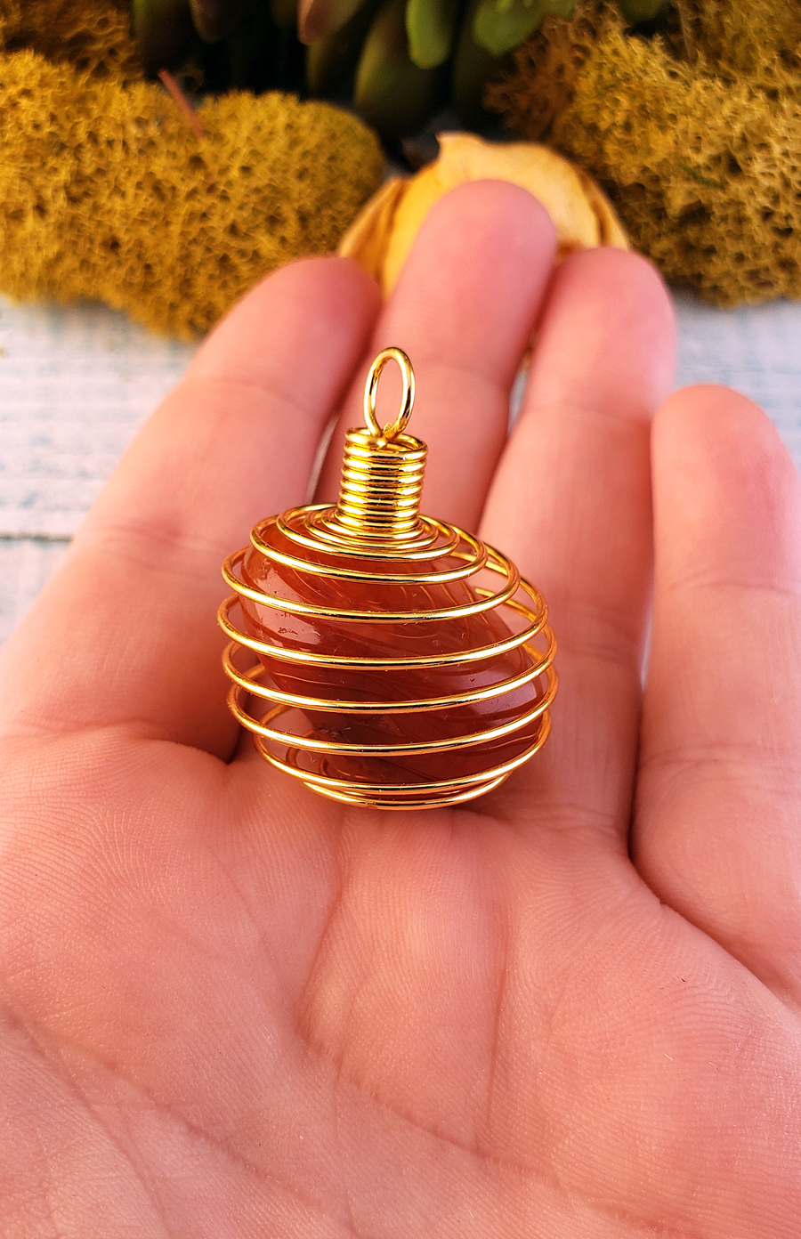 Gold-Colored Metal Spiral Cage Ornament Pendant - Perfect for Holding Gemstones or Orbs! - Carnelian in Pendant