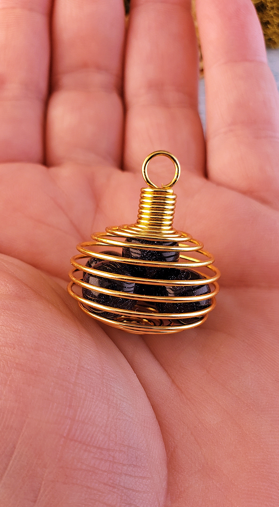 Gold-Colored Metal Spiral Cage Ornament Pendant - Perfect for Holding Gemstones or Orbs! - Full of 10mm Blue Goldstone Orbs