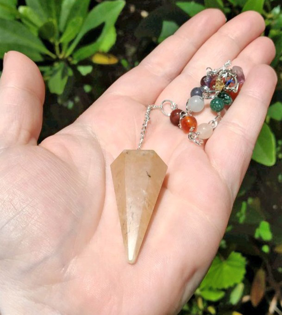 Gold Quartz Gemstone Polished Pendulum with Chakra Beaded Chain 2