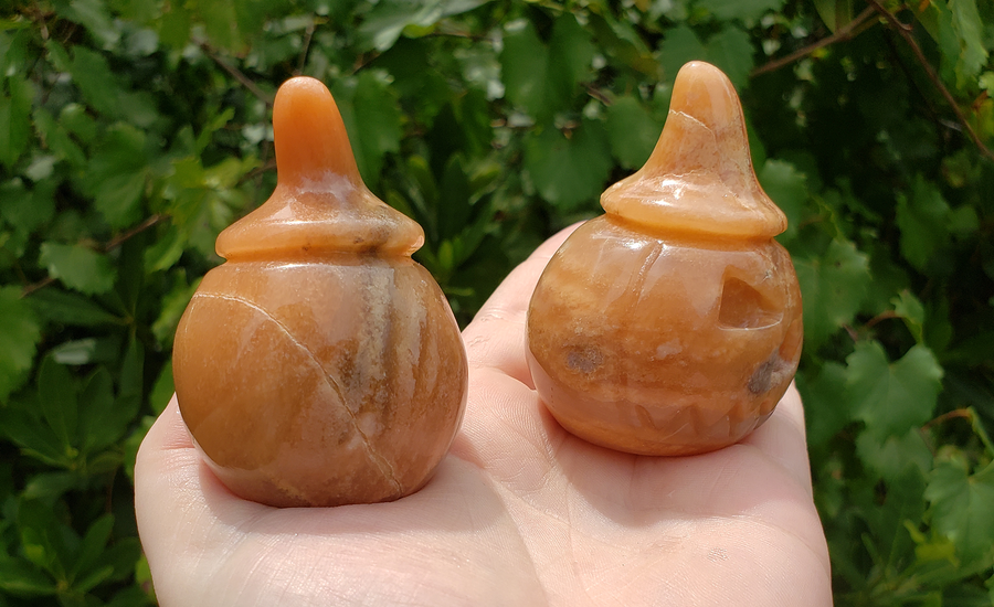 Gold Quartz Gemstone Spooky Pumpkin Totem Jack-o-Lantern Carving - Natural Internal Fractures