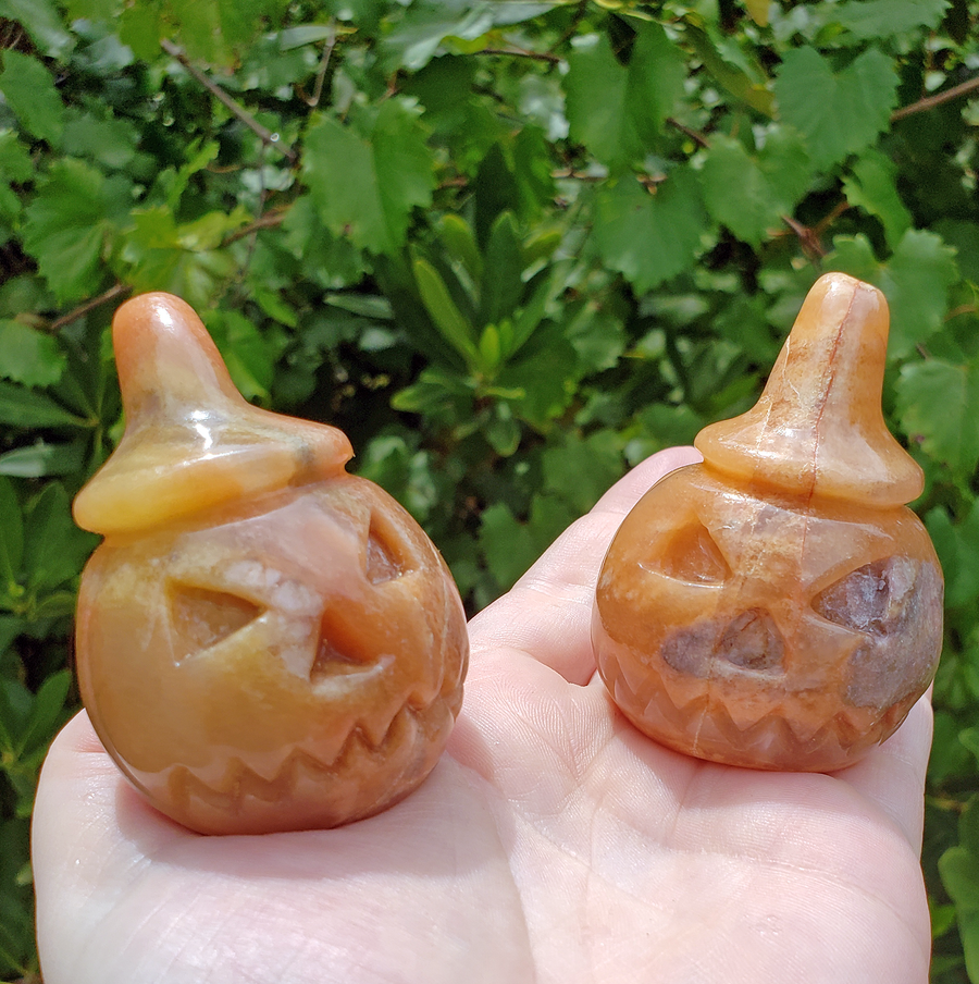 Gold Quartz Gemstone Spooky Pumpkin Totem Jack-o-Lantern Carving - With Inclusion