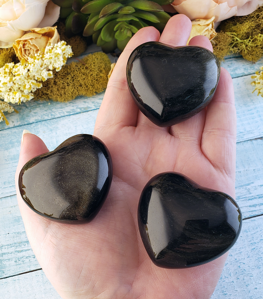 Gold Sheen Obsidian Gemstone Puffy Heart Carving - 40 - 45mm