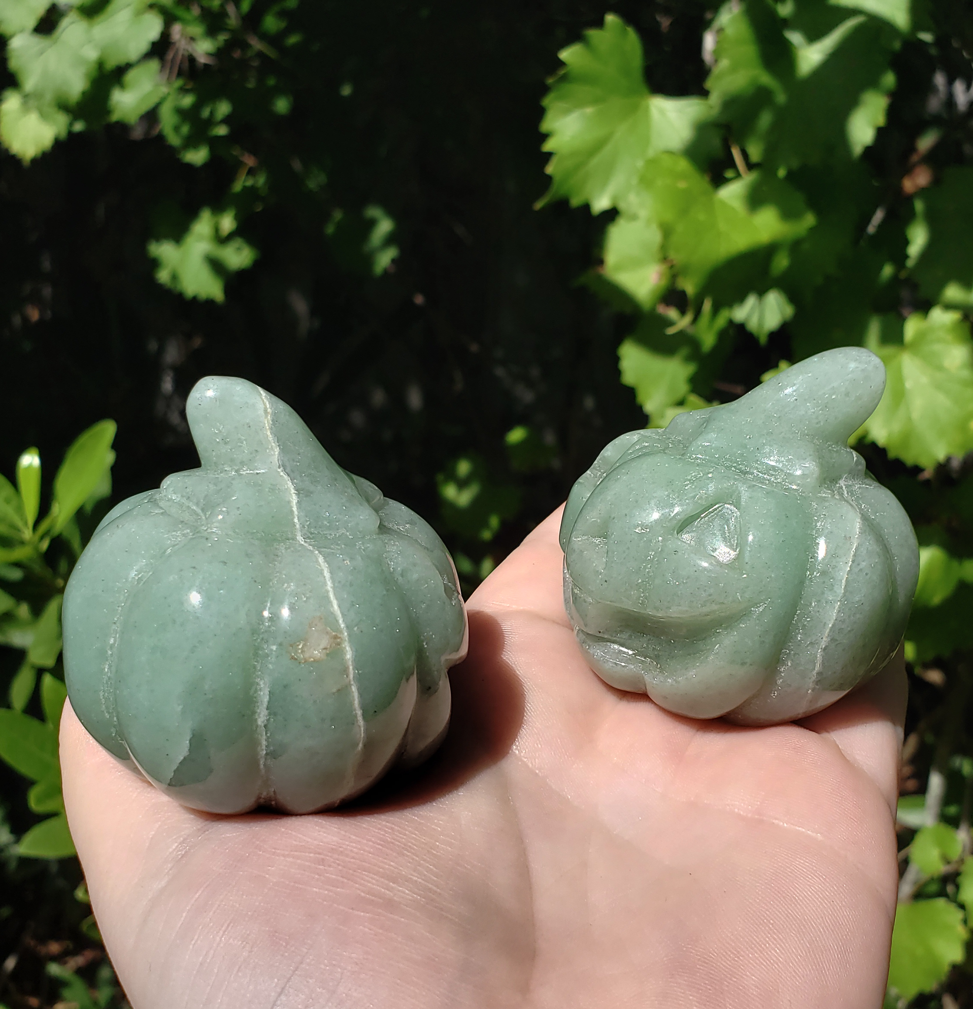 Green Aventurine Gemstone Happy Pumpkin Totem Jack-o-Lantern Carving - Friends