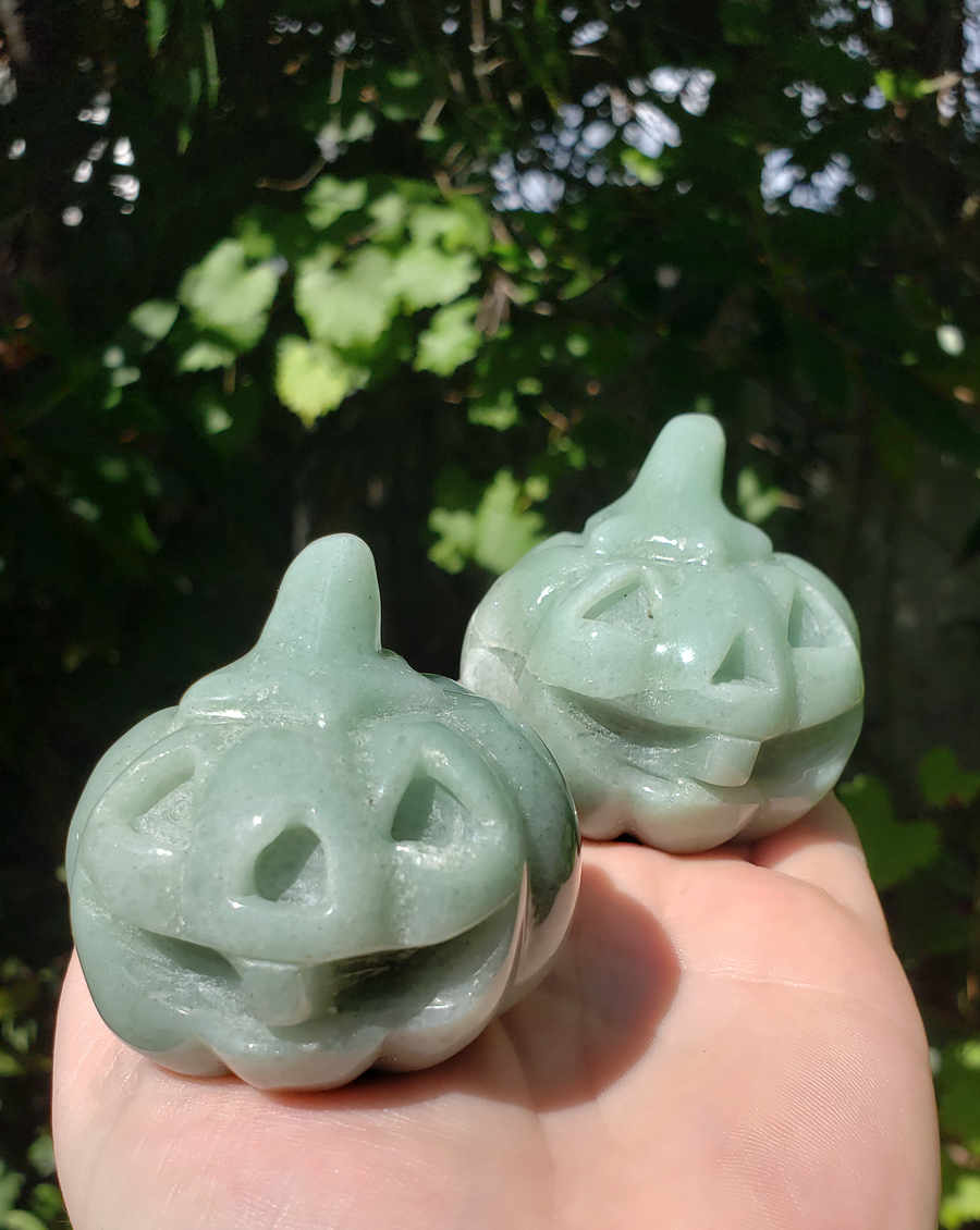 Green Aventurine Gemstone Happy Pumpkin Totem Jack-o-Lantern Carving - In Sunlight