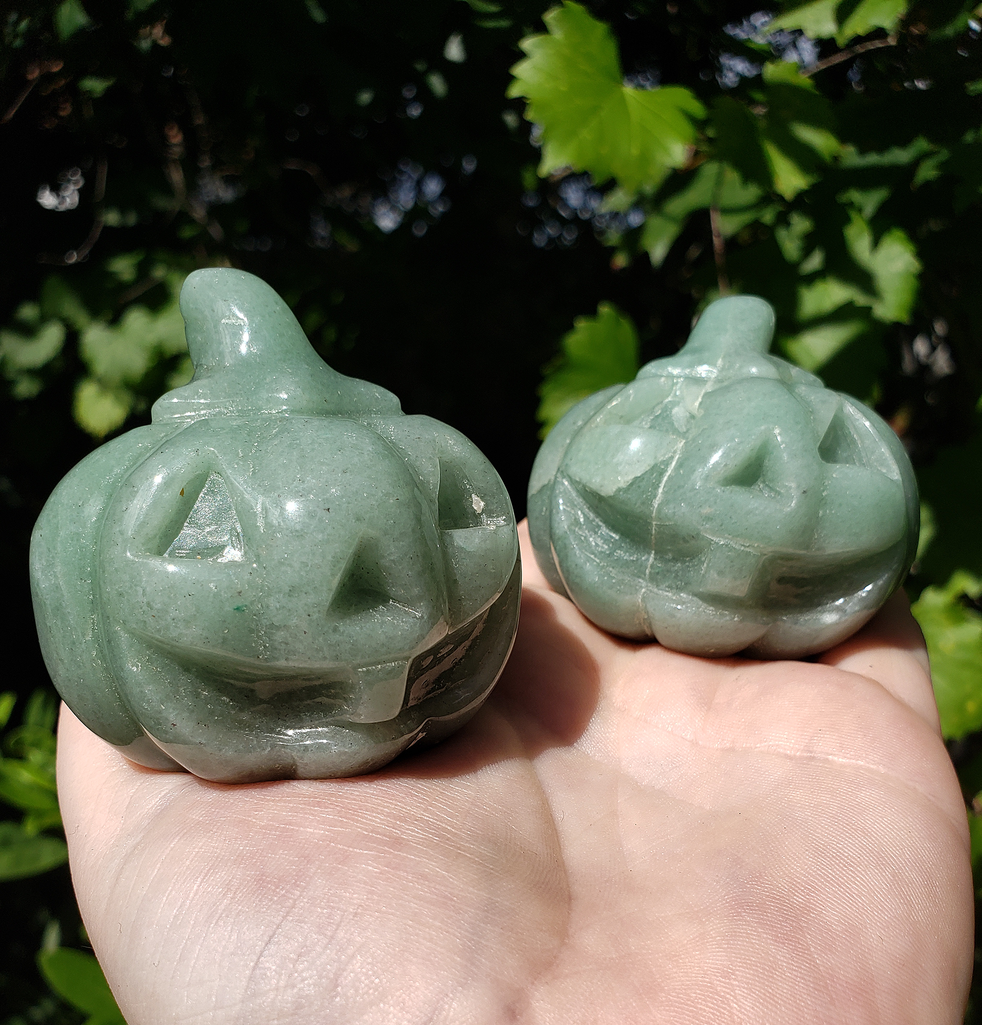 Green Aventurine Gemstone Happy Pumpkin Totem Jack-o-Lantern Carving - Natural Internal Fractures in the Front