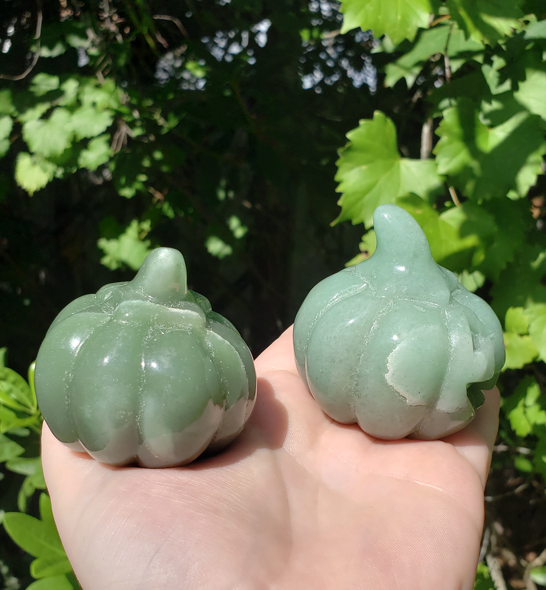 Green Aventurine Gemstone Happy Pumpkin Totem Jack-o-Lantern Carving - Cheeky