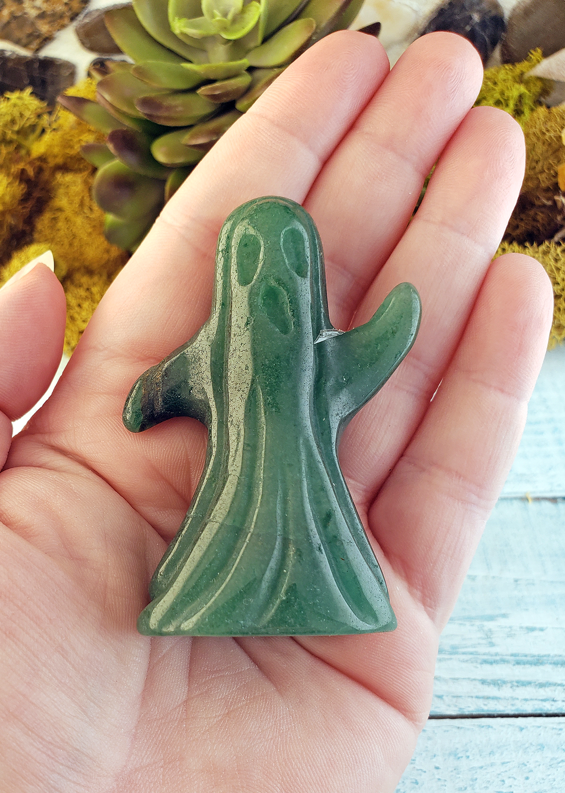 Green Aventurine Natural Gemstone Spooky Spirit Wailing Ghost Carving - Deep Green