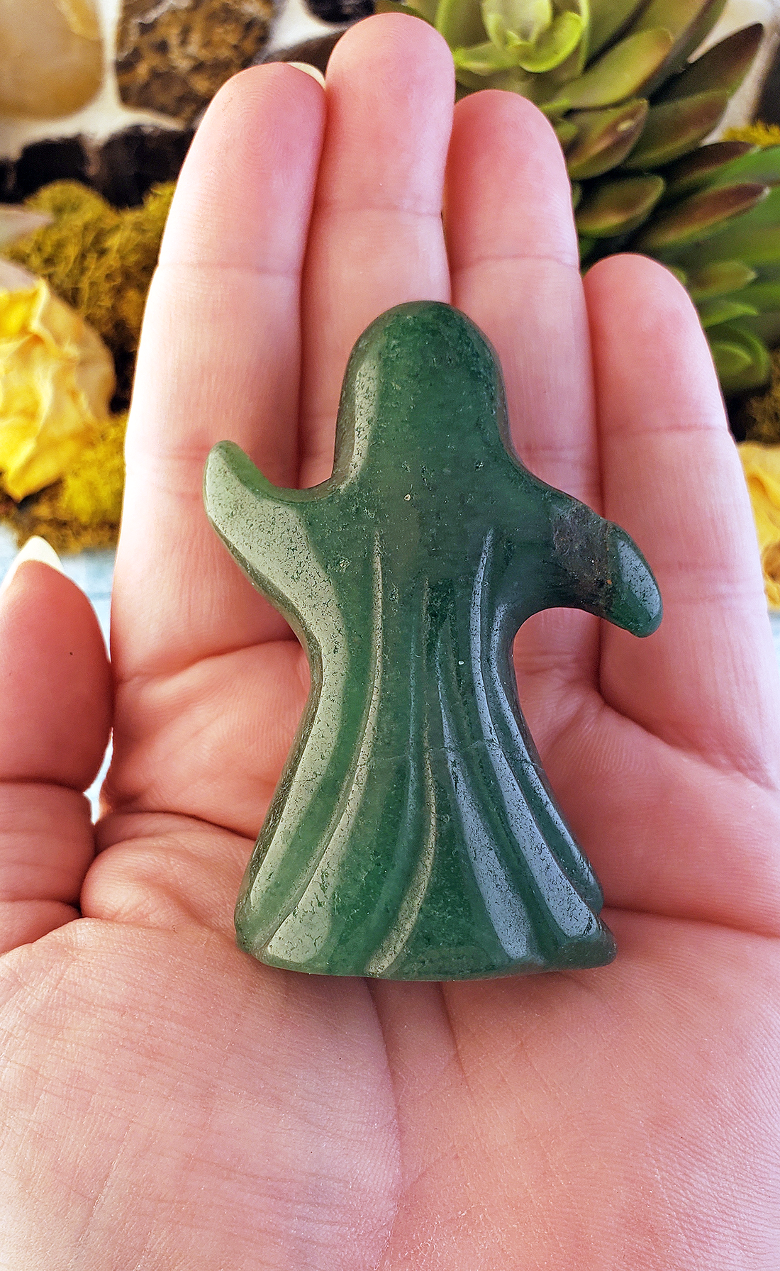 Green Aventurine Natural Gemstone Spooky Spirit Wailing Ghost Carving - Dark Green Back