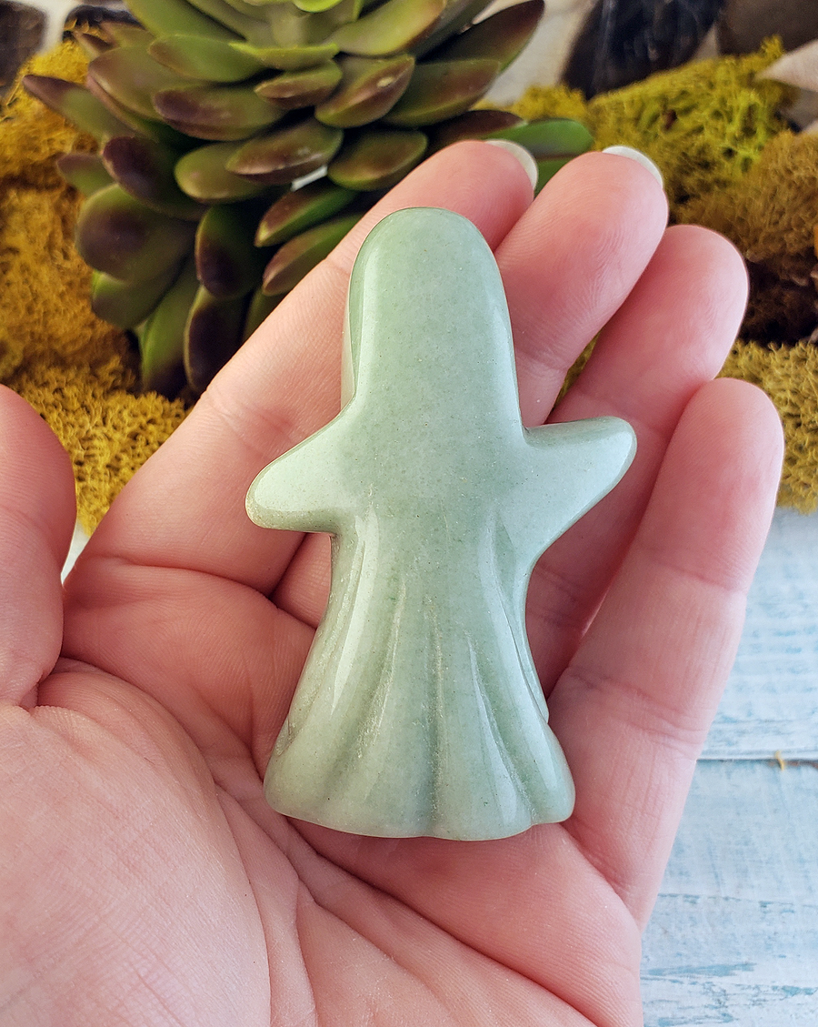 Green Aventurine Natural Gemstone Spooky Spirit Wailing Ghost Carving - Pale Green Back