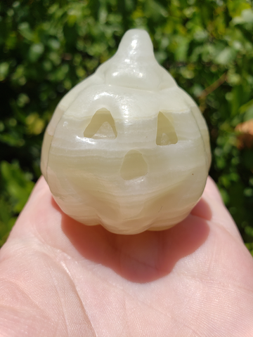 Green Marble Onyx Gemstone Happy Pumpkin Totem Jack-o-Lantern Carving - Unique!