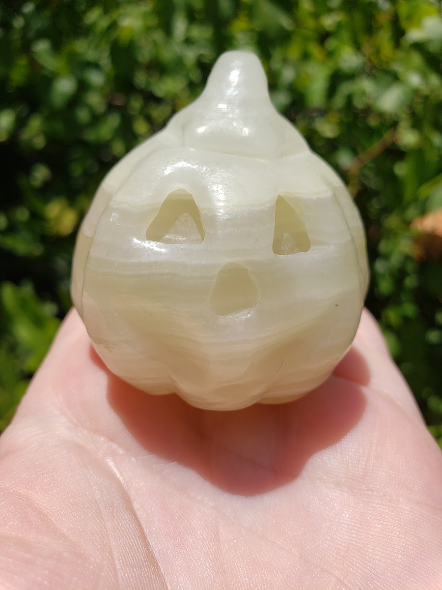 Green Marble Onyx Gemstone Happy Pumpkin Totem Jack-o-Lantern Carving - Unique!