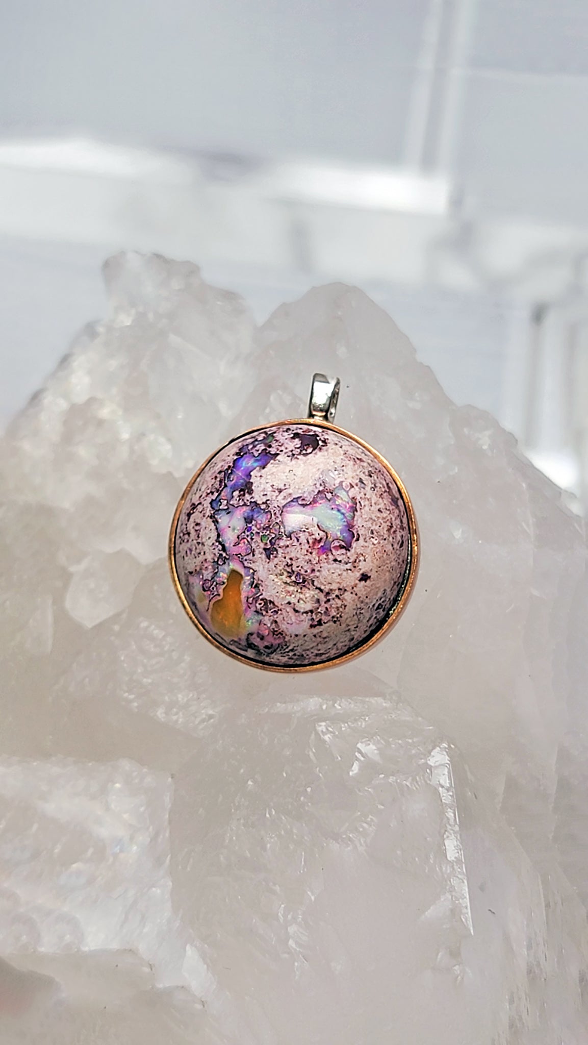 Natural Cantera Mexican Pink Purple Opal Sterling Silver &amp; Copper Pendant - AAA Grade Opal