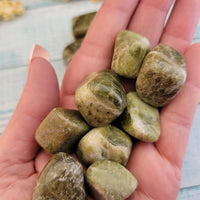 tumbled green snakeskin jasper stones in hand