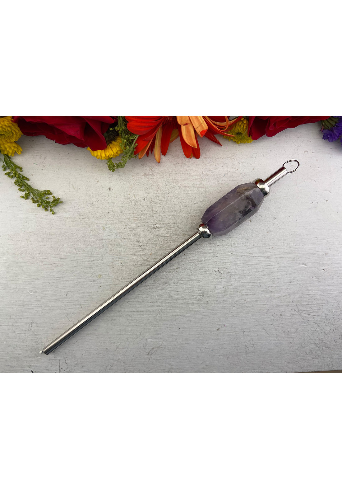Stainless Steel Reusable Straw with Gemstone Accent - Chevron Amethyst 2