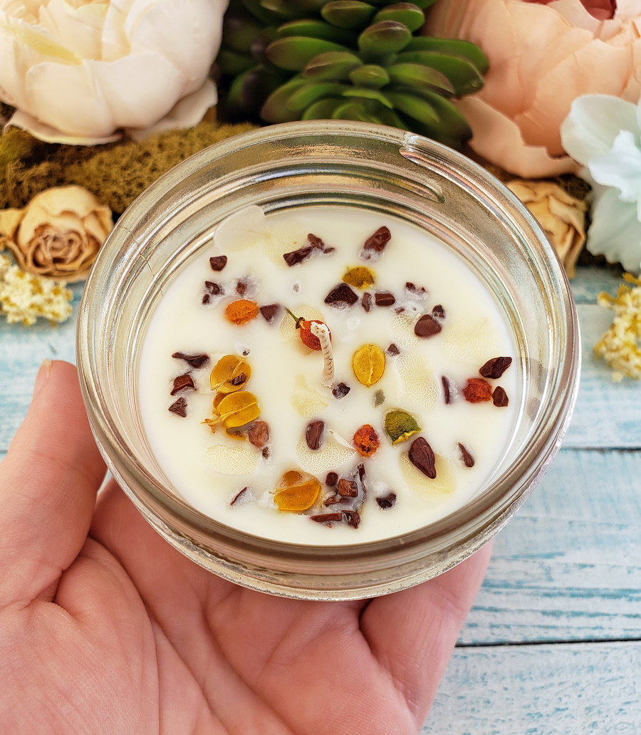 Coconut Soy Wax Handmade Scented Jar Candle & Gem Chips - Joy - Dried Herbs and Essential Oils - Close Up