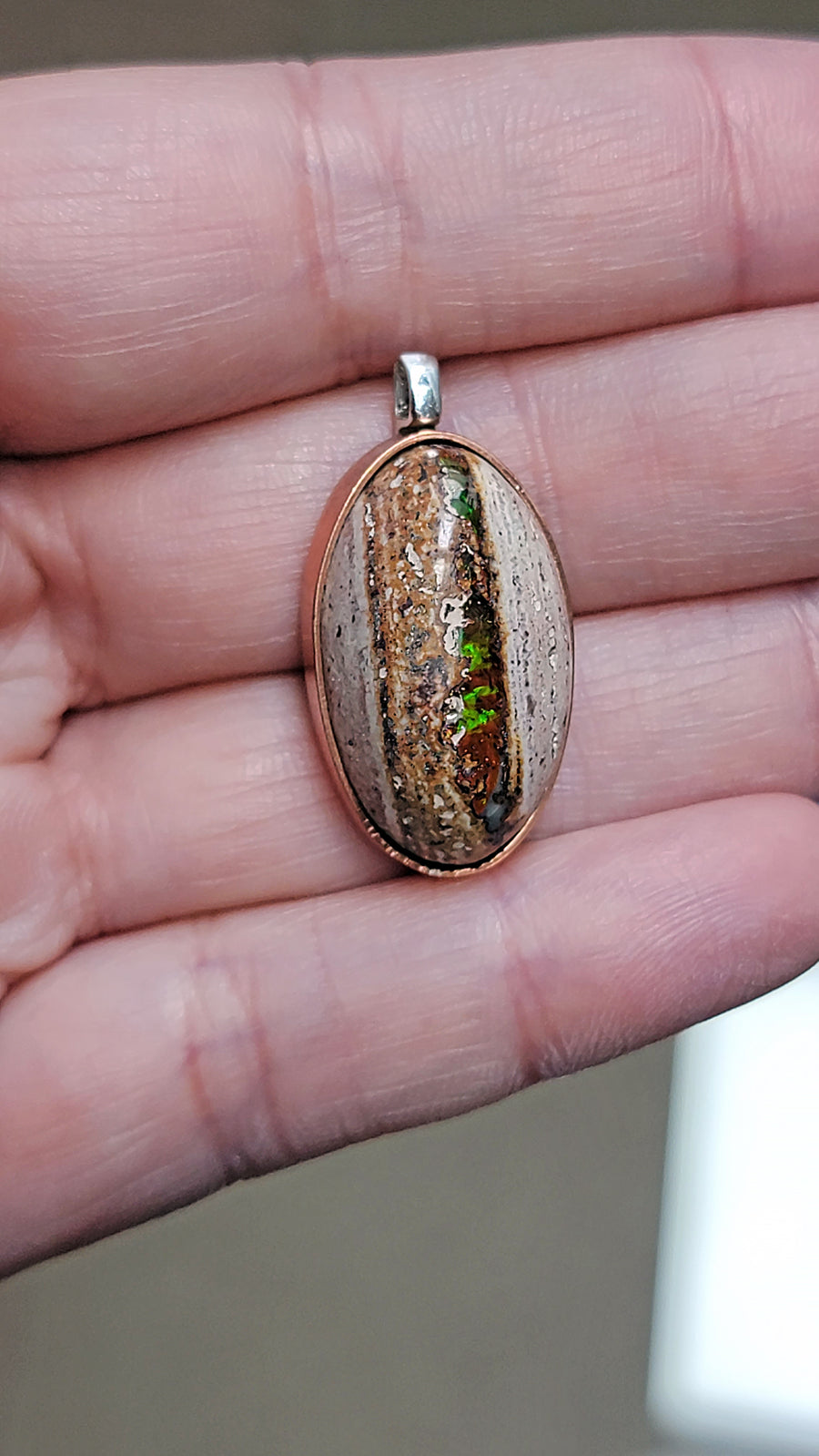 Natural Cantera Mexican Green Rainbow Opal Sterling Silver & Copper Pendant - AA Grade Opal