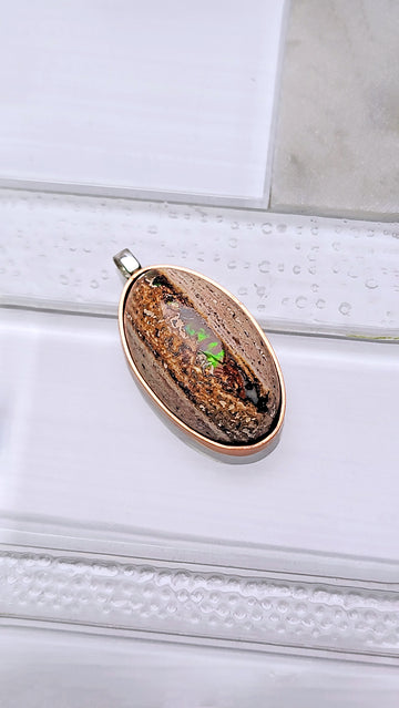 Natural Cantera Mexican Green Rainbow Opal Sterling Silver & Copper Pendant - AA Grade Opal