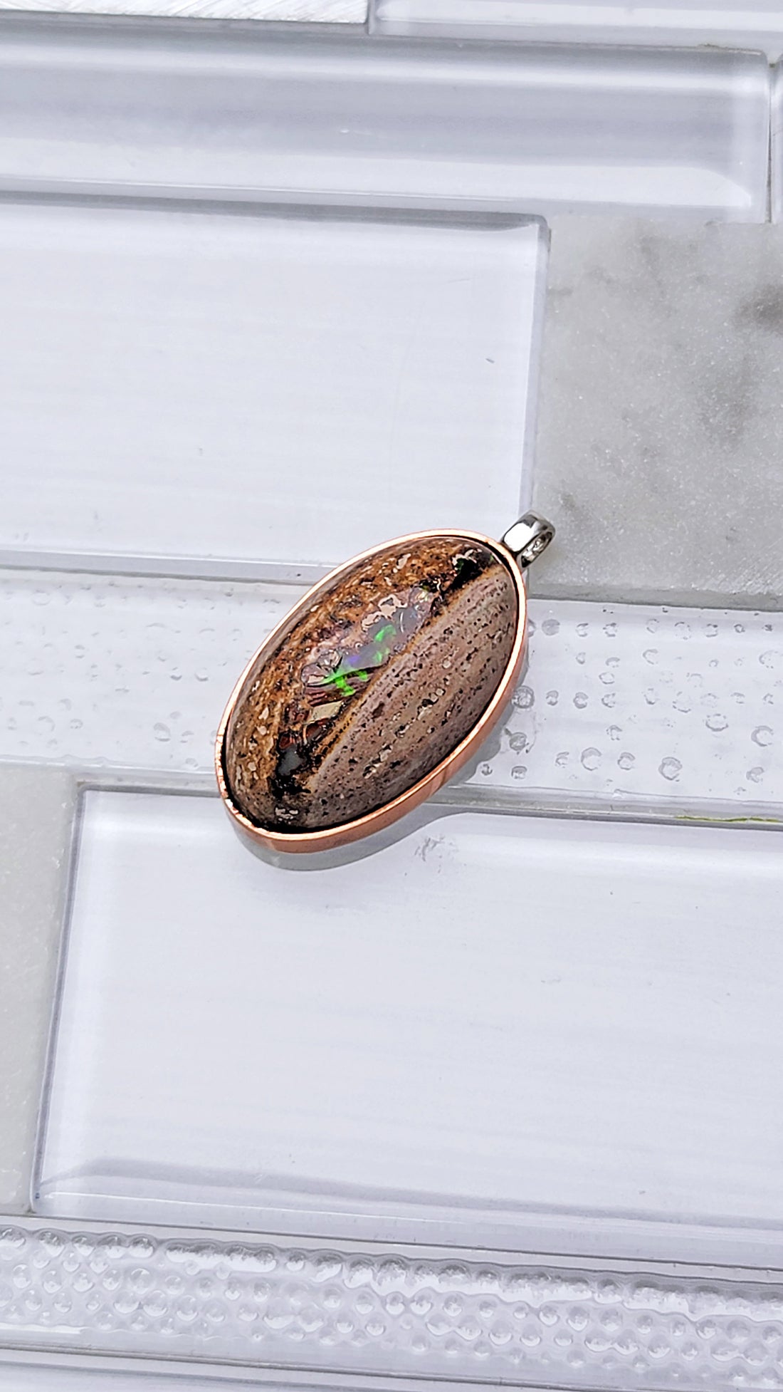 Natural Cantera Mexican Green Rainbow Opal Sterling Silver & Copper Pendant - AA Grade Opal