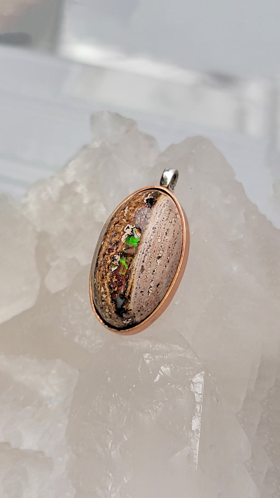 Natural Cantera Mexican Green Rainbow Opal Sterling Silver & Copper Pendant - AA Grade Opal