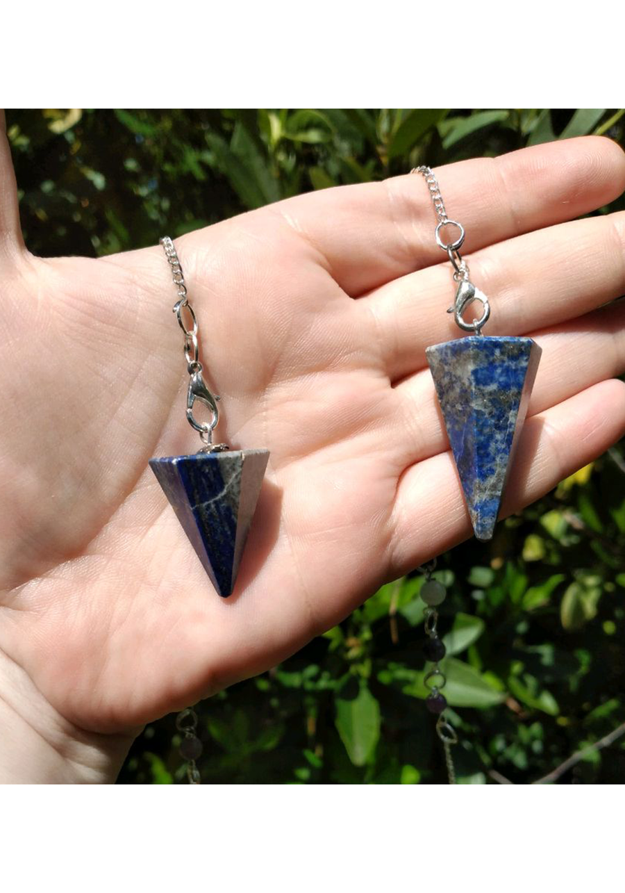 Lapis Lazuli Gemstone Polished Pendulum with Chakra Beaded Chain - Pictured: Two Lapis Lazuli Pendulum Tips