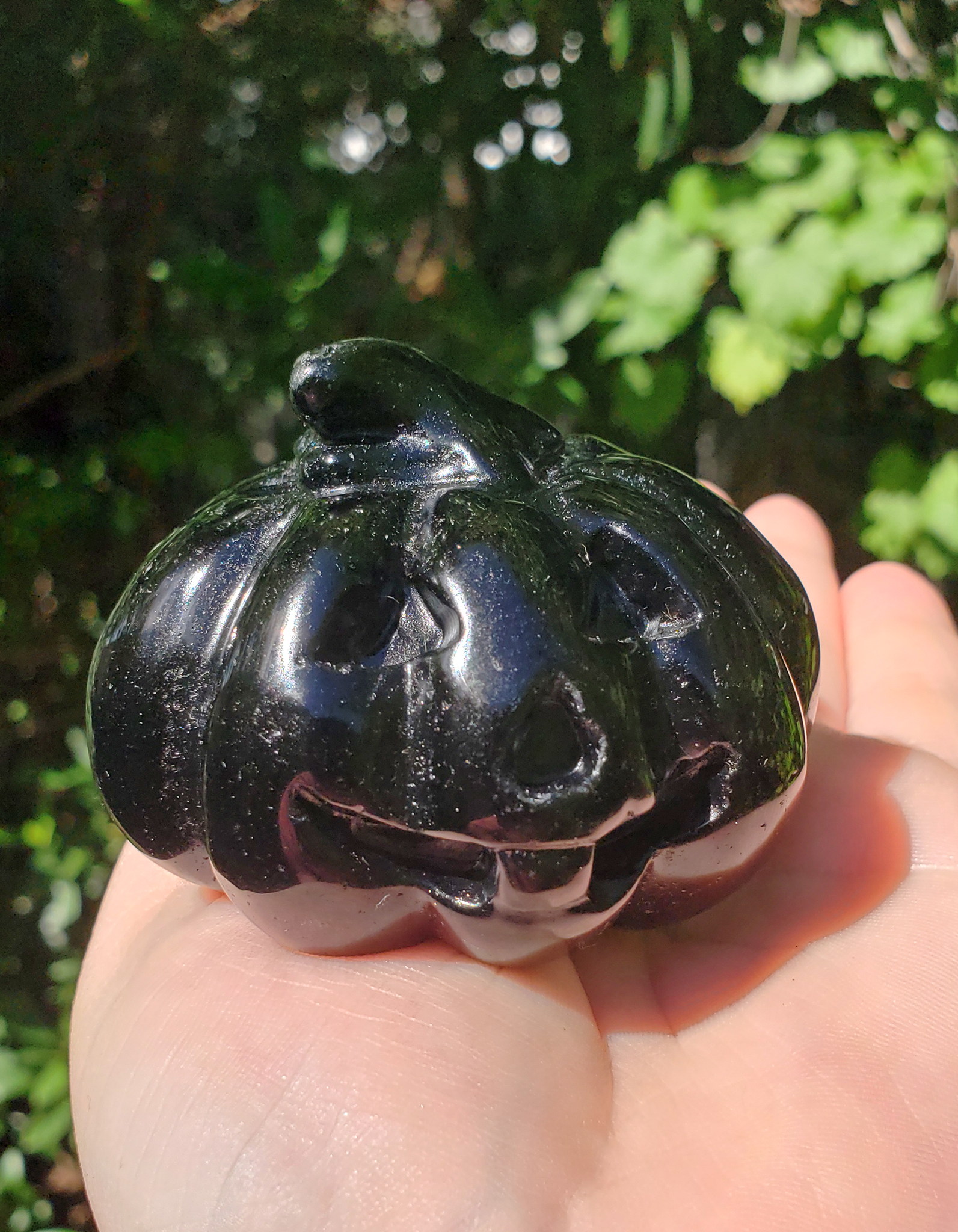 Large Obsidian Gemstone Happy Pumpkin Totem Jack-o-Lantern Carving - Cheerful Buddy