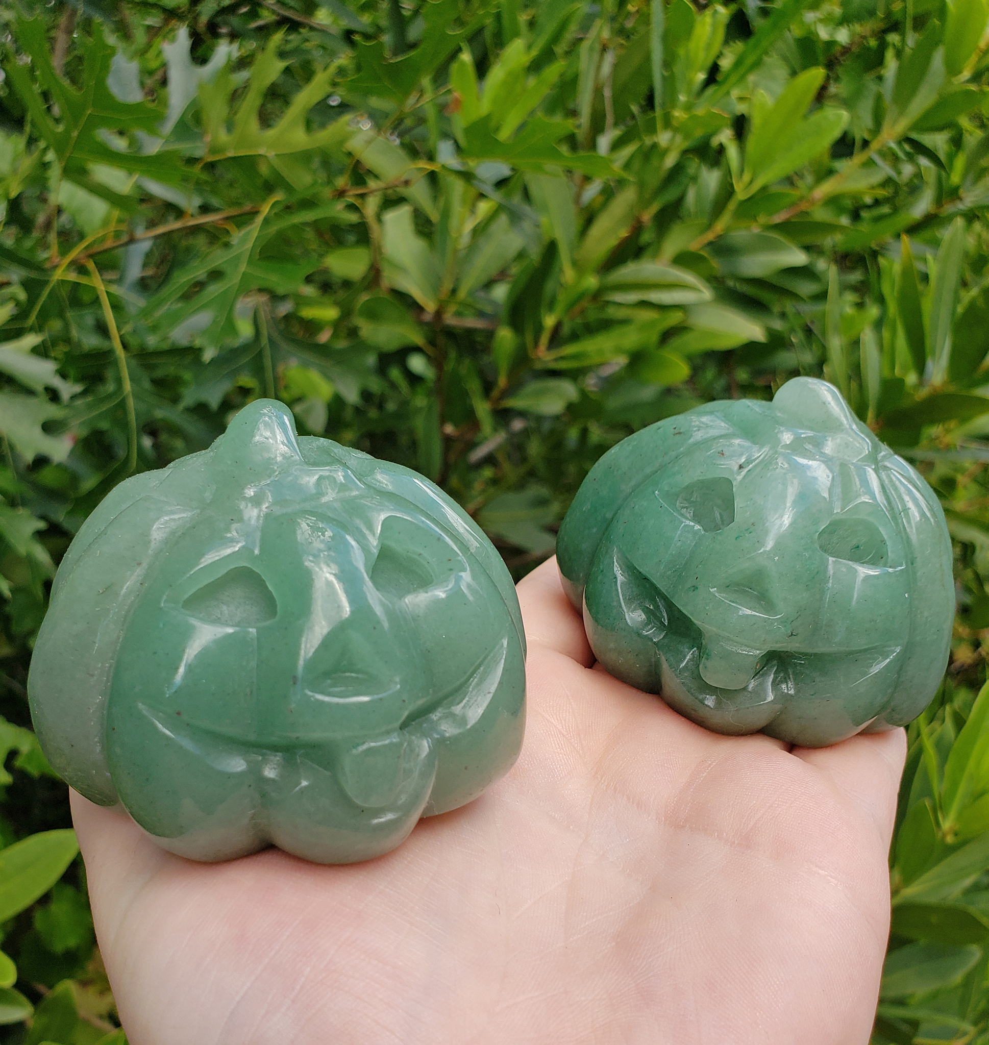 Large Green Aventurine Gemstone Happy Pumpkin Totem Jack-o-Lantern Carving - Smiling