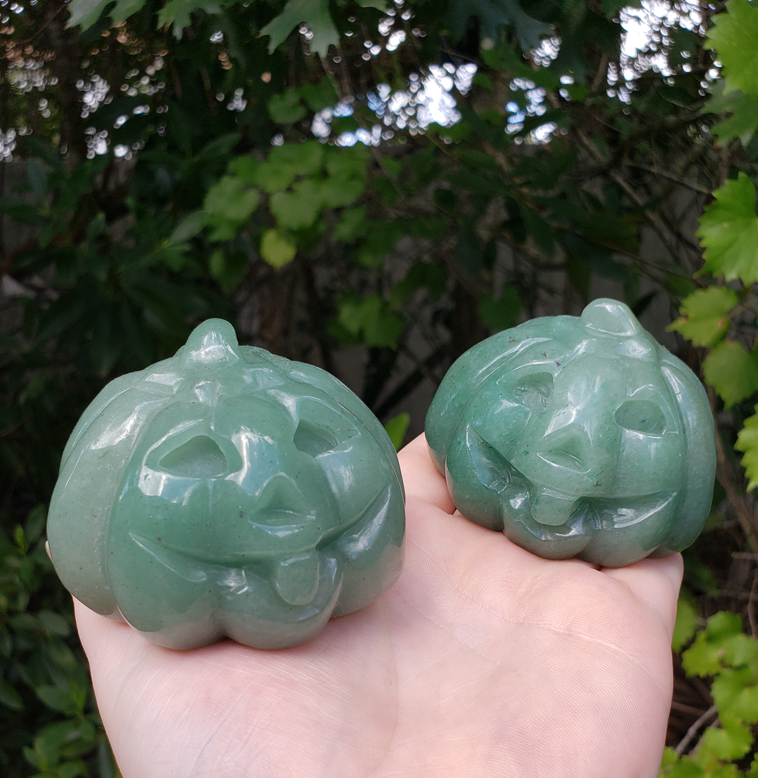 Large Green Aventurine Gemstone Happy Pumpkin Totem Jack-o-Lantern Carving