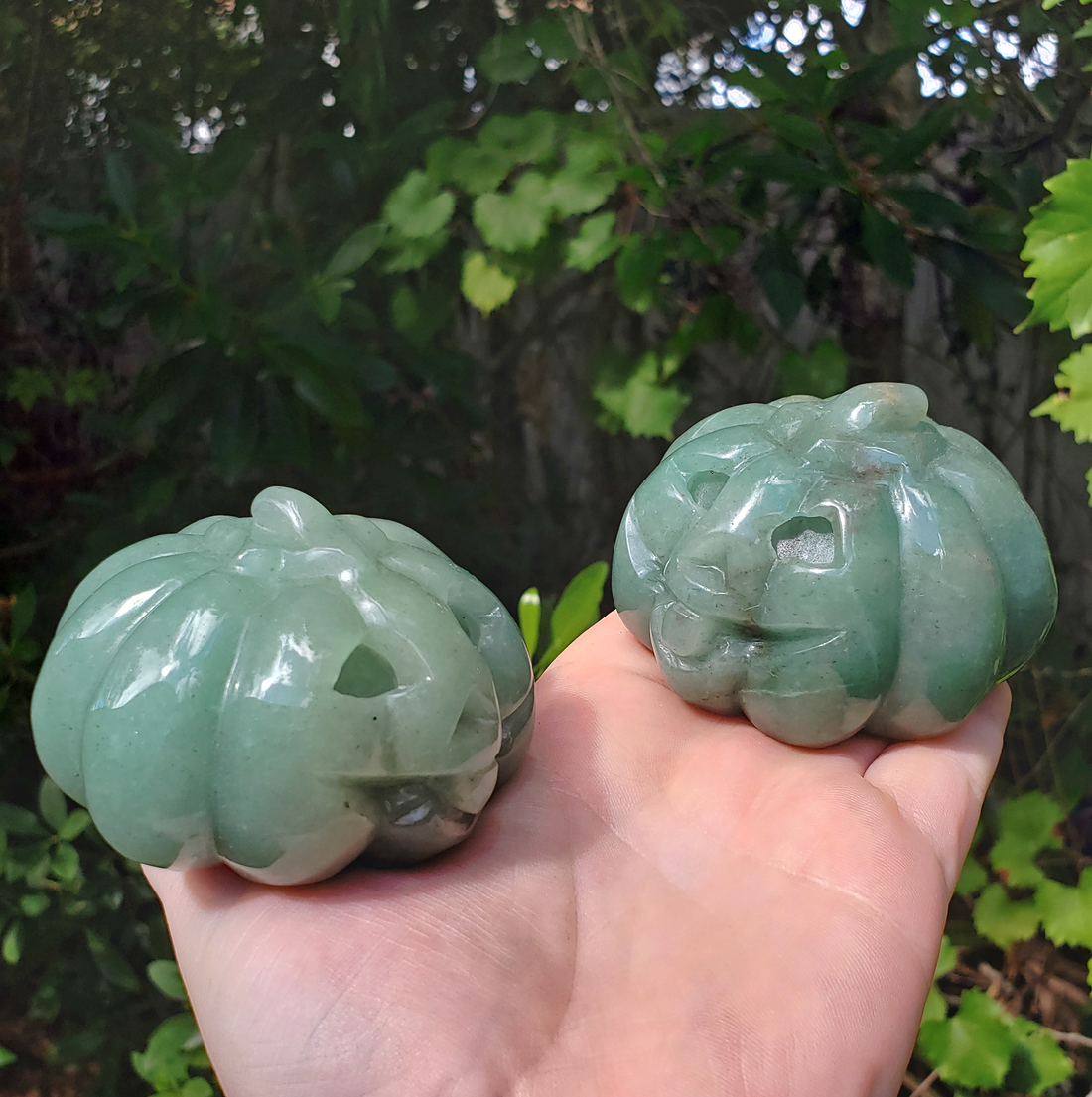 Large Green Aventurine Gemstone Happy Pumpkin Totem Jack-o-Lantern Carving - Cheerful Pumpkin Friends