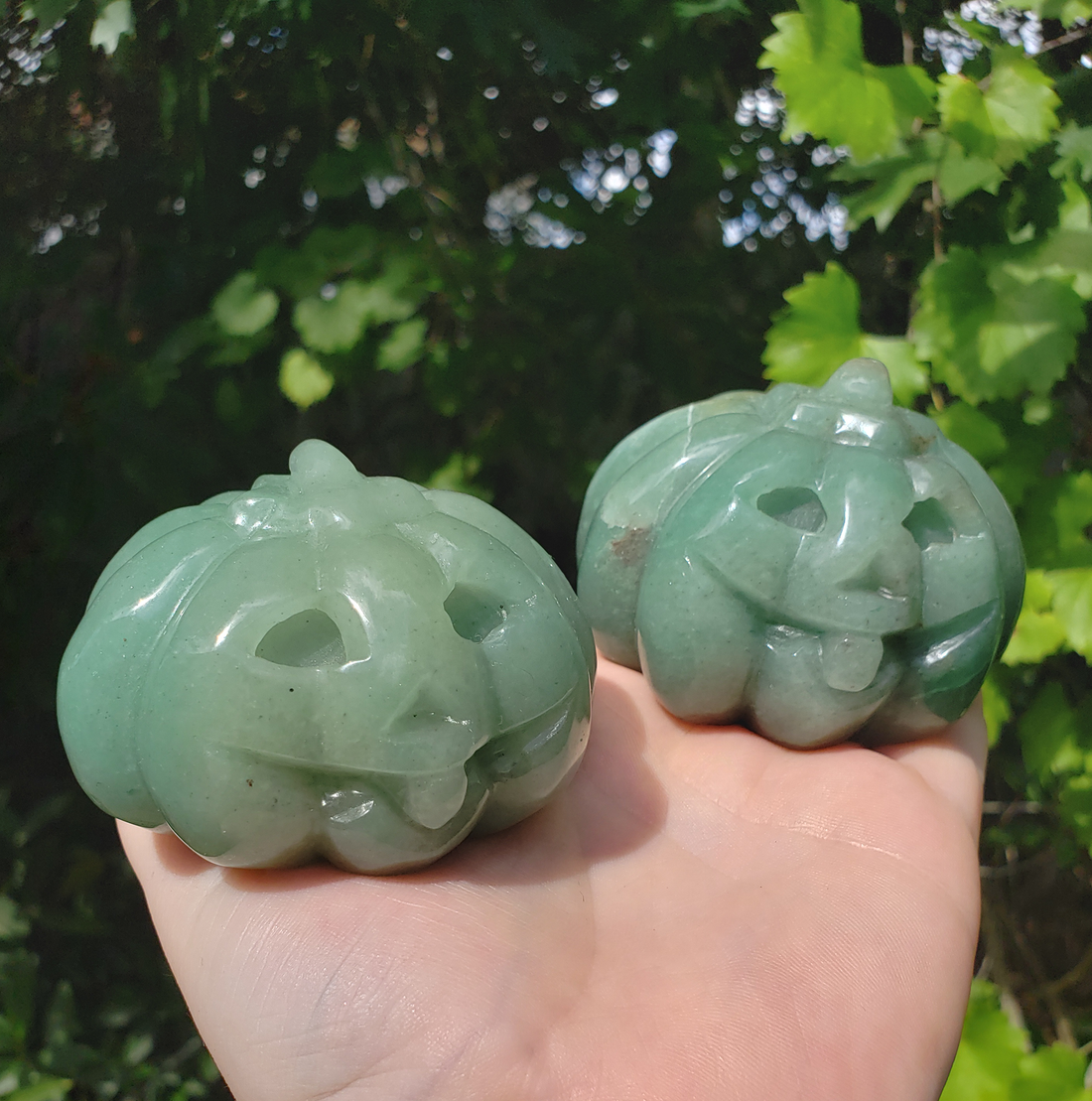 Large Green Aventurine Gemstone Happy Pumpkin Totem Jack-o-Lantern Carving - Showing Inclusions