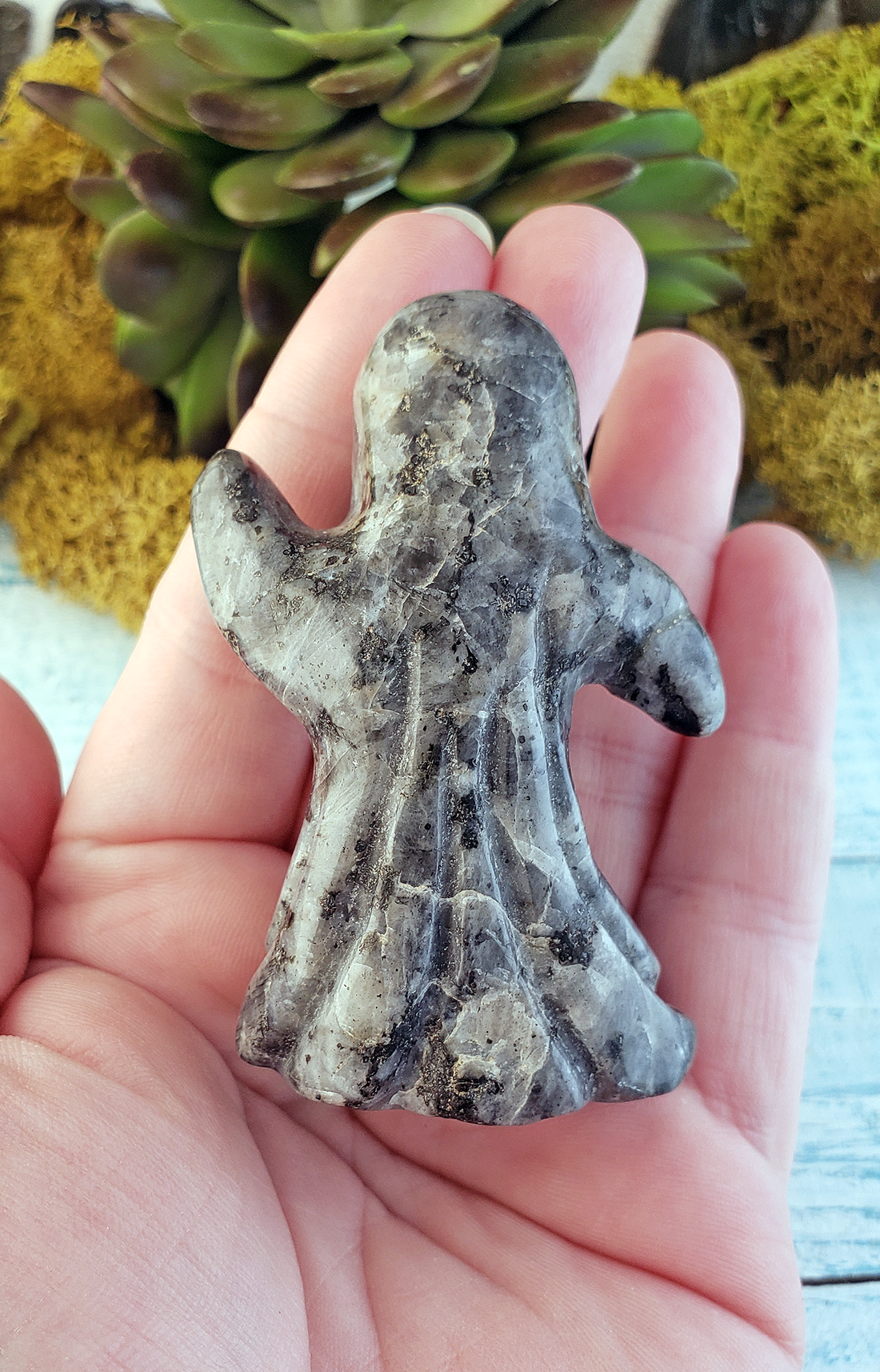 Larvikite Natural Gemstone Spooky Spirit Wailing Ghost Carving - Back of Ghost