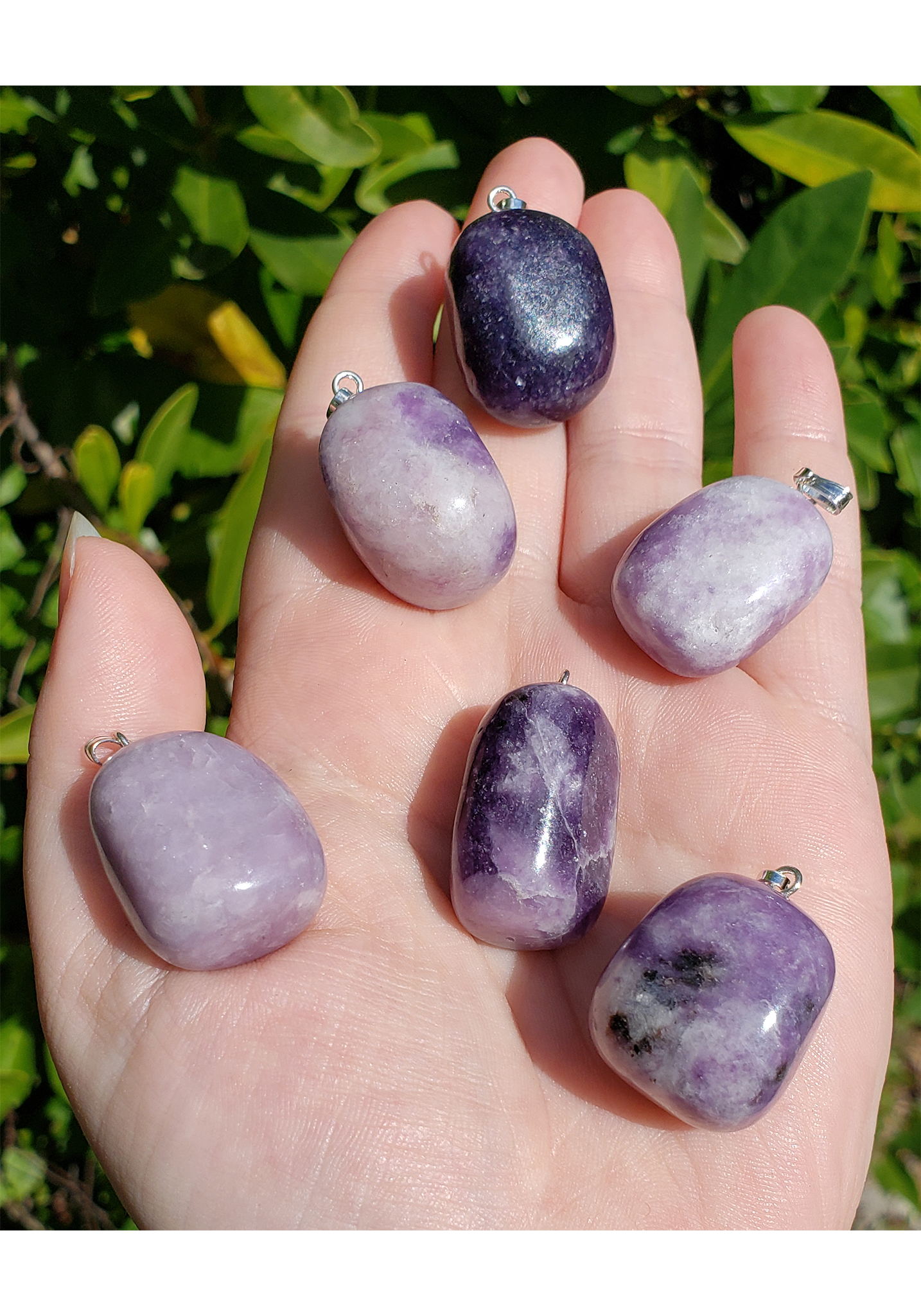 Lepidolite Tumbled Gemstone Nugget Pendant - Showing Pale, Deep, Internally Fractured, and Included Specimens