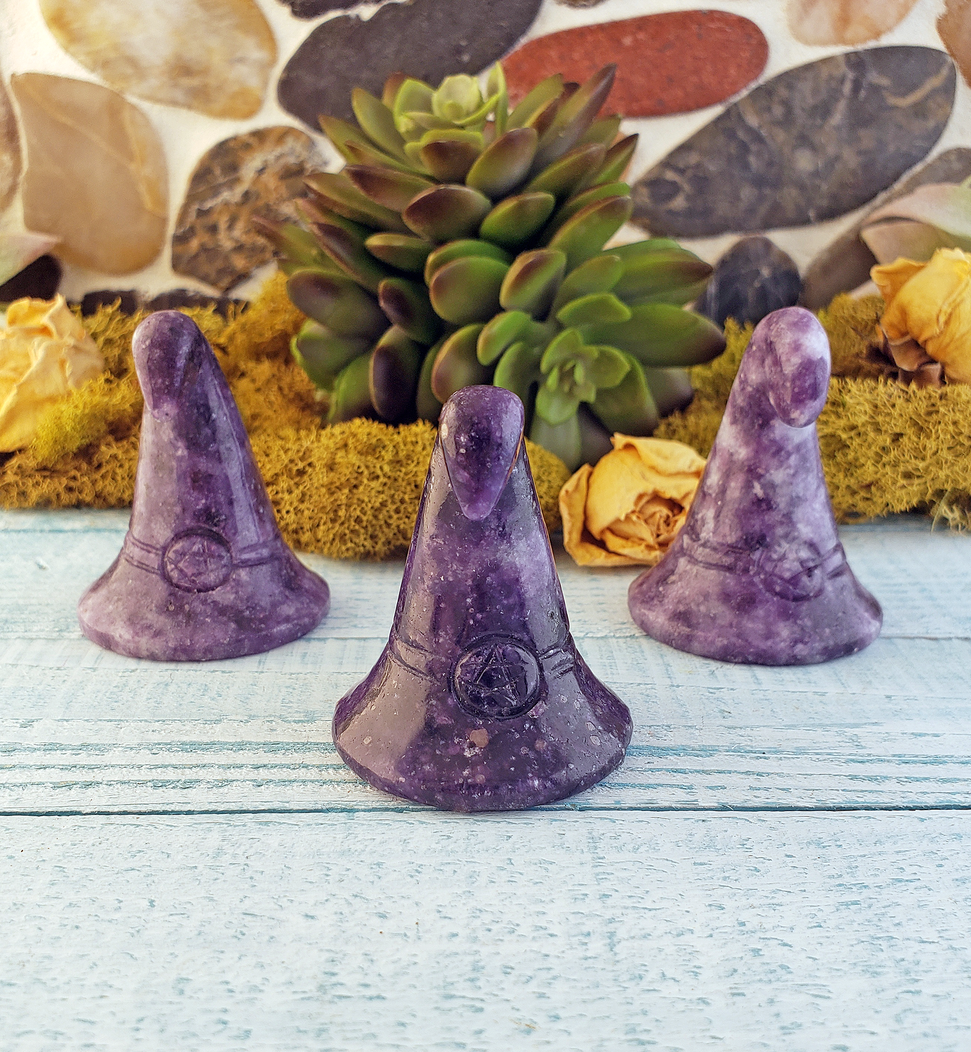 Lepidolite Gemstone Witch&#39;s Hat Carving