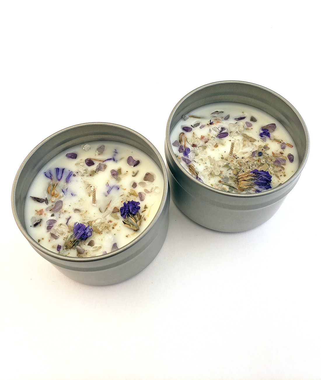 Coconut Soy Wax Handmade Scented Candle & Crystal Chips - Forget Me Not - Two Candles on White Background