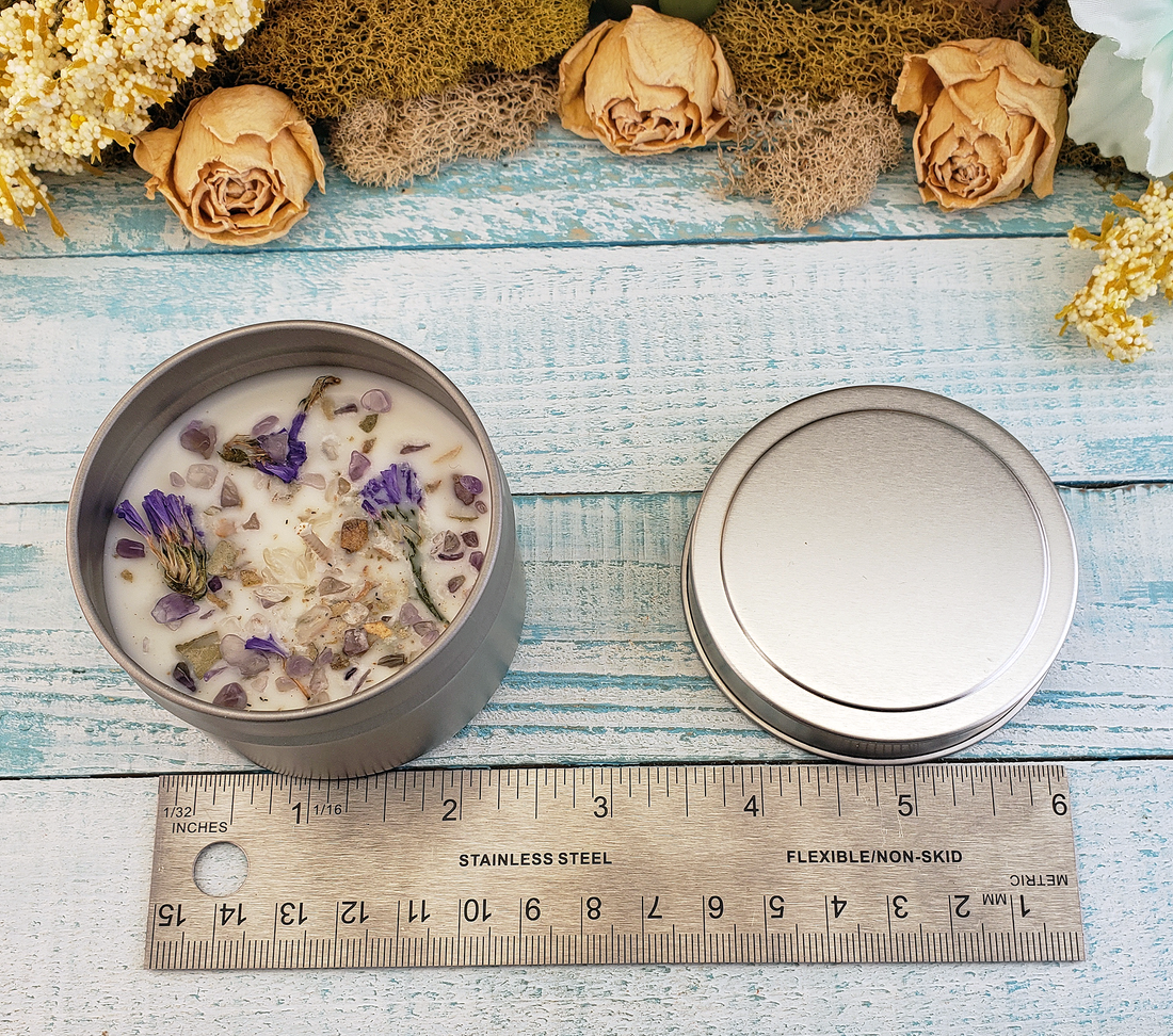 Coconut Soy Wax Handmade Scented Candle & Crystal Chips - Forget Me Not Sizing