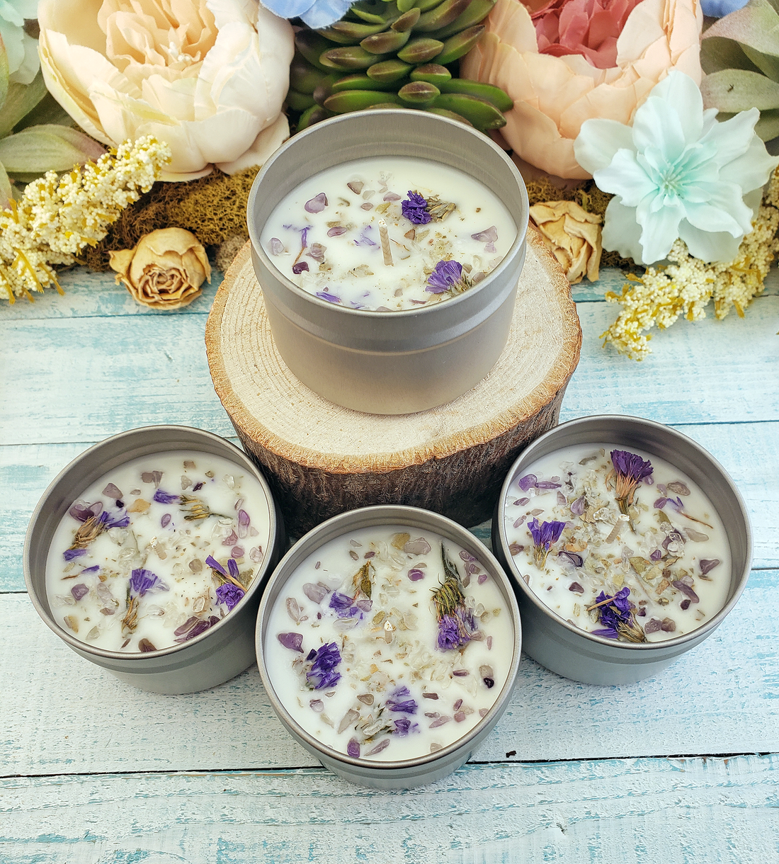 Coconut Soy Wax Handmade Scented Candle & Crystal Chips - Forget Me Not - Group Photo