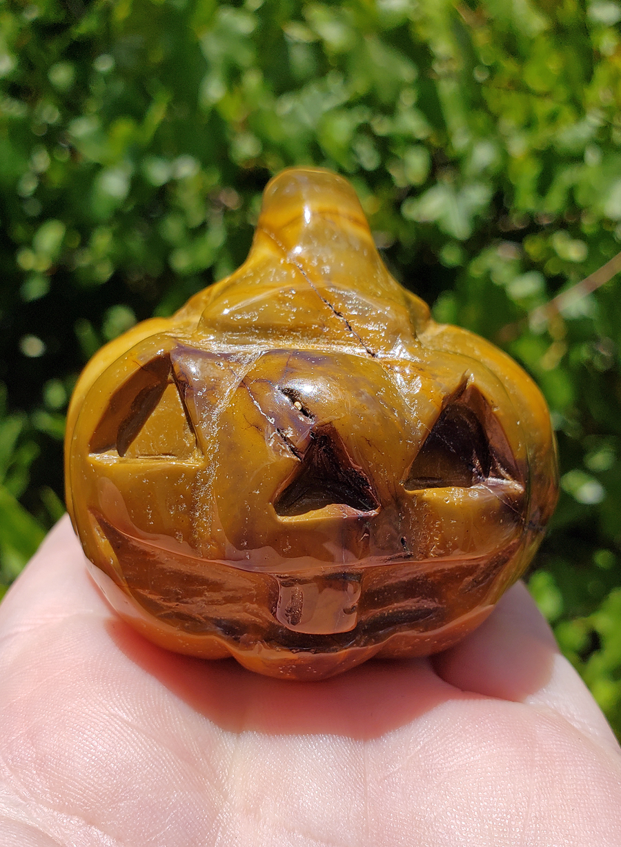 Yellow Mookaite Gemstone Happy Pumpkin Totem Jack-o-Lantern Carving - Unique!